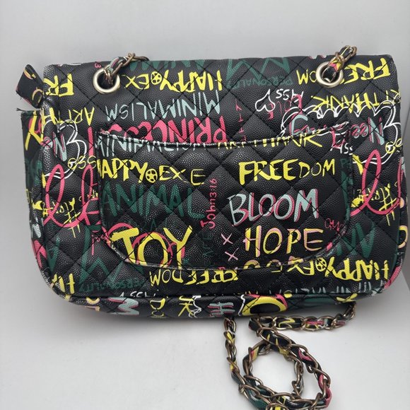 Alba Cross Body Black Graffiti 3 Compartment Handbag - Picture 4 of 5